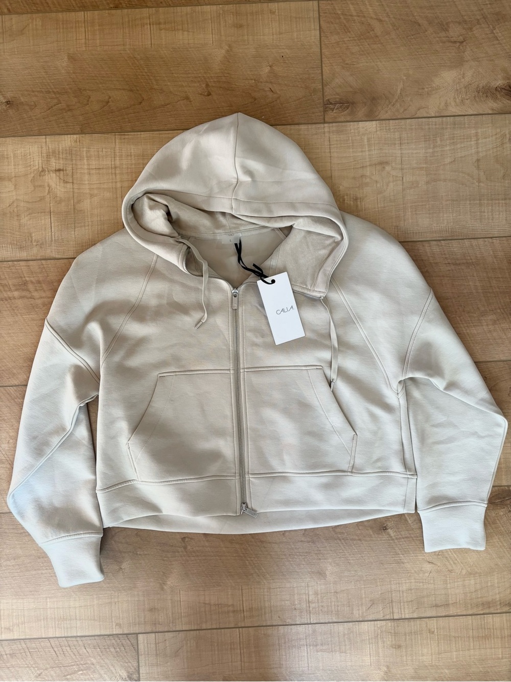 New! CALIA Women's Soft Scuba Hooded Full Zip Sweatshirt. Beige. Size Large